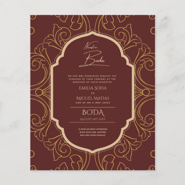 Flyer Nuestra Boda Marco Dorado Invitación de Boda Españ (Frente)