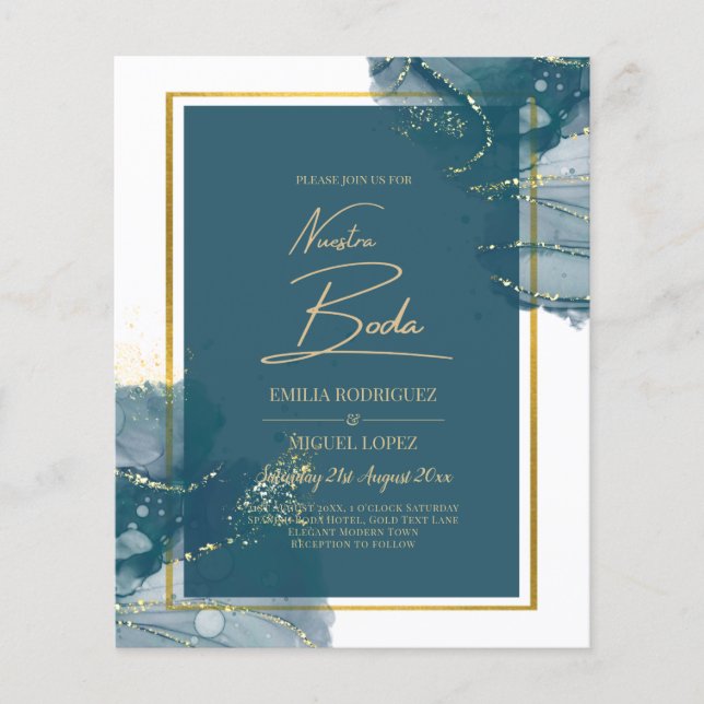 Flyer NUESTRA BODA Peacock Blue Gold Wedding Invitado (Frente)