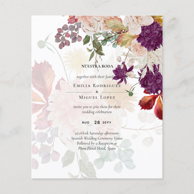 Flyer NUESTRA BODA Plum Fall Floral Boda español (Frente)