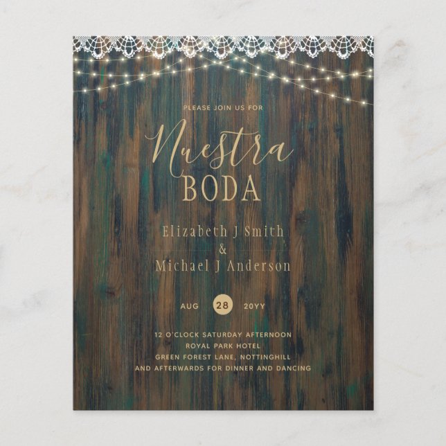 FLYER NUESTRA BODA PRESUPUESTO LUCES RÚSTICAS LACE INVIT (Frente)