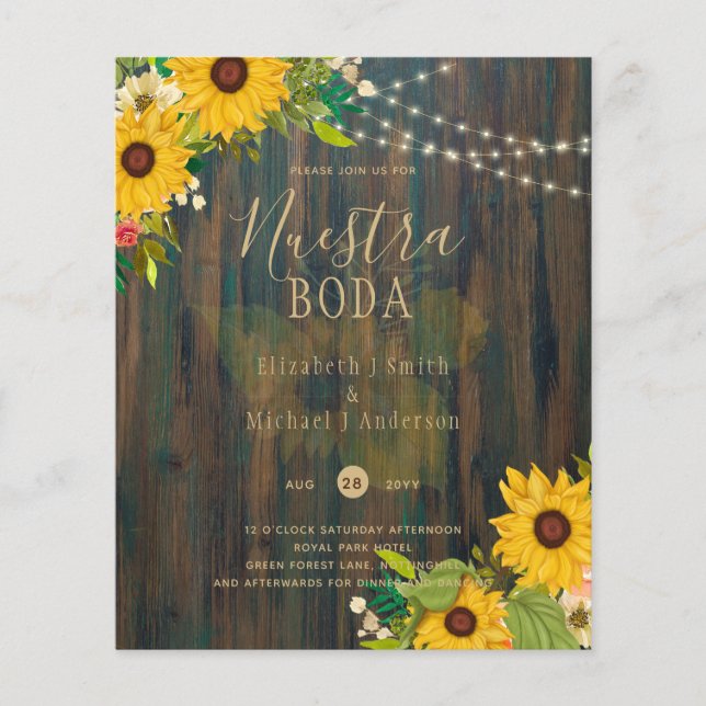 Flyer NUESTRA BODA Sunflowers Rustic Wood INVITE (Frente)