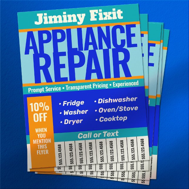 Flyer Número de teléfono desconectado de reparación del  (home appliance repair flyers with tear off phone numbers.)