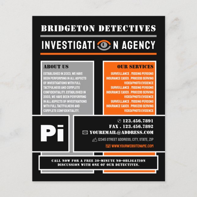 Flyer Ojo Privado Negrita, Investigador de Detective Pri (Frente)