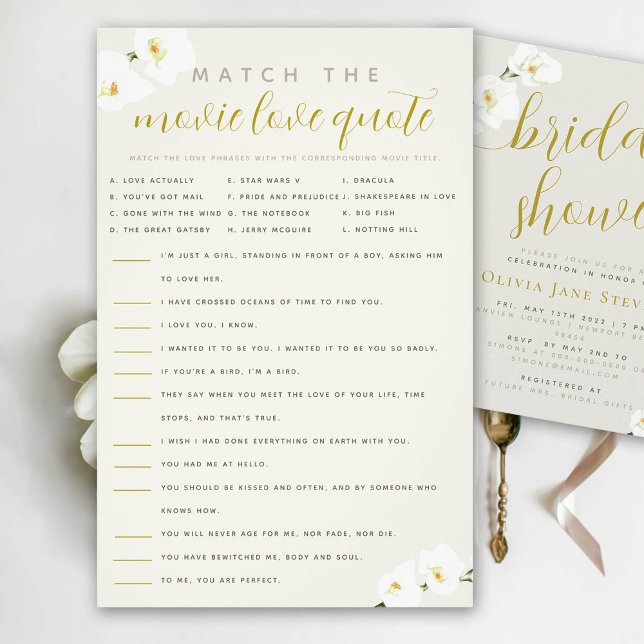 Flyer Orchids Bridal Shower Game Match Movie Citas (movie love quote bridal shower game orchids ecru ivory gold calligraphy)