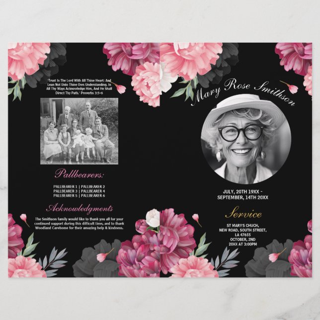 Flyer Orden Funeral Rosa Vida de Servicio Floral Oscura (Frente)