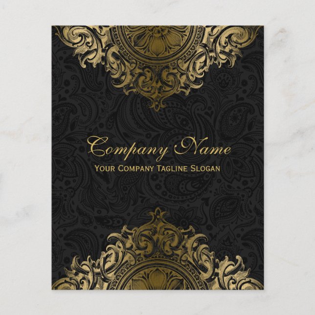 Flyer Ornamento floral negro y dorado (Frente)