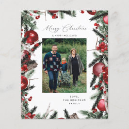 Flyer Ornamentos rojos presupuestales y foto navideña de