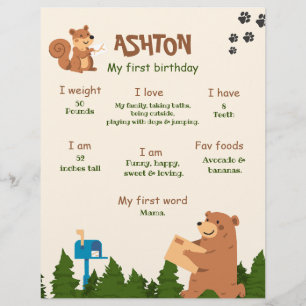 Flyer Oso editable cumpleaños primero bosque oso niño 1e