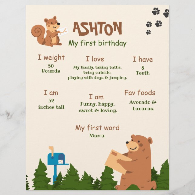 Flyer Oso Editable Primer Cumpleaños Woodland Bear Boy 1 (Frente)