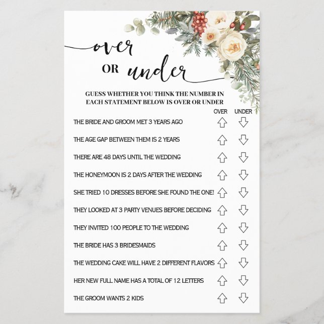 Flyer Over or Under Winter Bridal Shower Game Card (Frente)