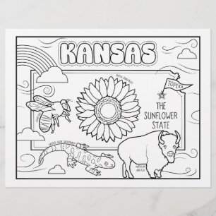 Flyer página para colorear forma y datos de kansas