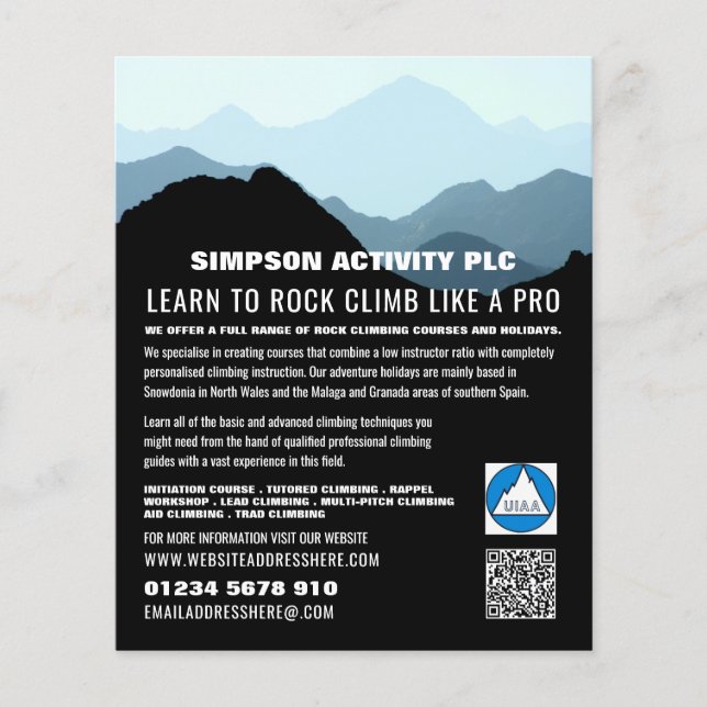 Flyer Paisaje de montaña azul, anuncio de senderismo y e (Frente)