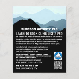 Flyer Paisaje de montaña azul, anuncio de senderismo y e