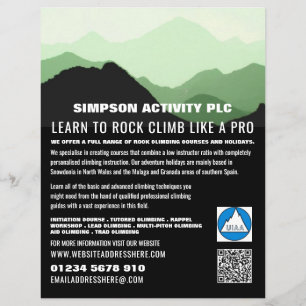 Flyer Paisaje de montaña verde, anuncio de senderismo y 