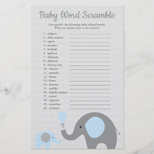 Flyer Palabras de Baby Shower sobre elefantes azules y g