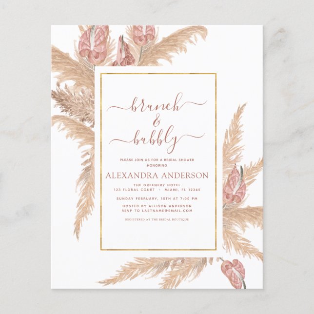 Flyer Pampas Grass Brunch Bubbly Boho Bridal Shower Invi (Frente)