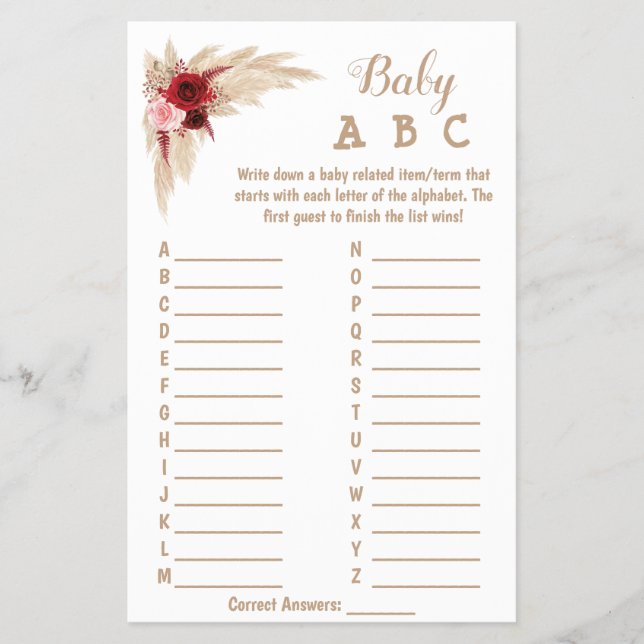 Flyer Pampas Grass | Tarjeta de juego Baby Shower ABC (Frente)