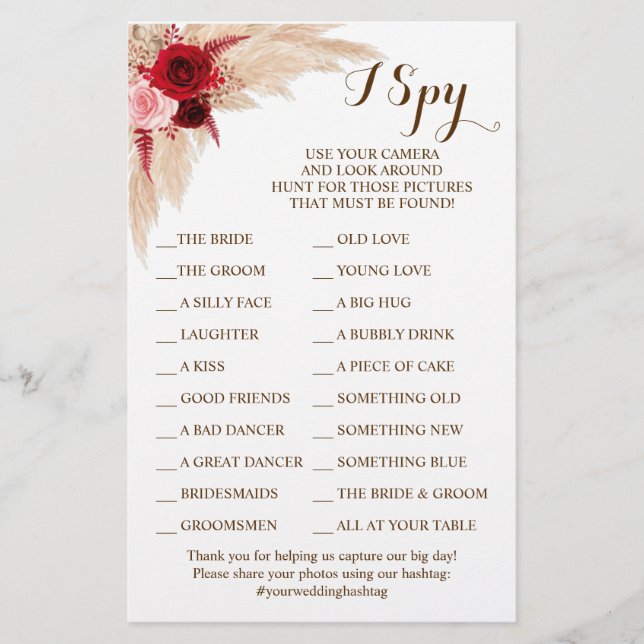 Flyer Pampas Grass Wedding Recepcion I Spy Game Card (Frente)