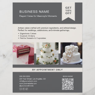 Flyer Panadería Pastel Foto Personalizada QR Gris Volant