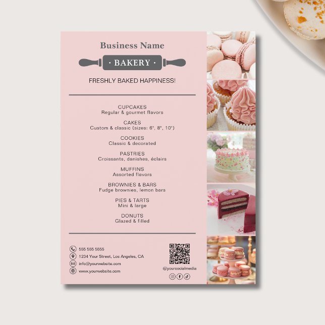 Flyer Panadería Rolling Pin Foto QR Rosa (Bakery Rolling Pin Photo QR Pink Flyer)