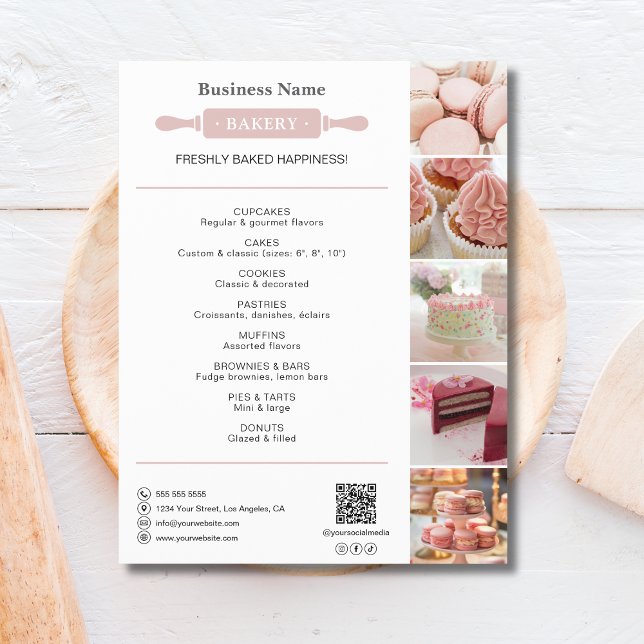 Flyer Panadería Rolling White and Pin Photo QR Pink (Bakery Rolling White and Pin Photo QR Pink Flyer)