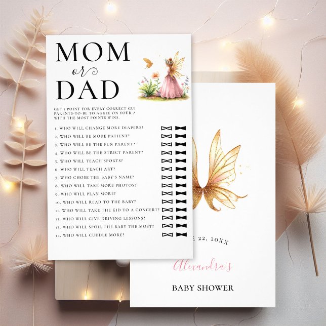 Flyer Papá adivina quién es la princesa del juego de Bab (baby girl shower guess who game fairy princess pink gold lgbt)