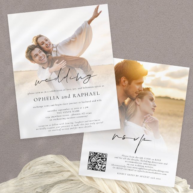Flyer PAPER 2 Fotos Overlay Boho Wedding Invitación (Front and back view)