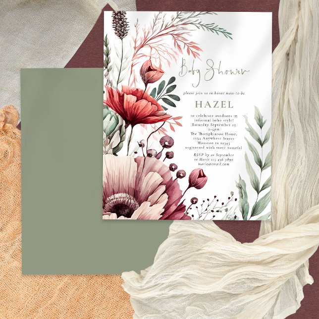 Flyer PAPER Boho Florals Burgundy Sage Baby Shower (Subido por el creador)