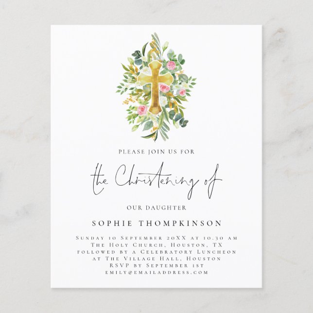 Flyer PAPER Eucalyptus Florals Cross Christening Invite (Frente)