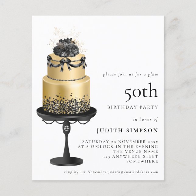 Flyer PAPER Glam Cake Florals Gold Black 50th Invite (Frente)
