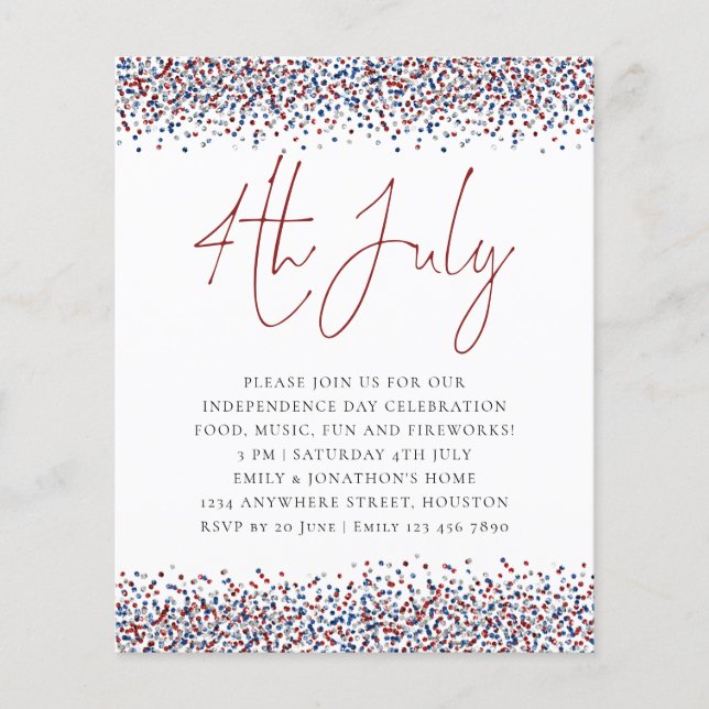 Flyer PAPER | Glitter Red Blue 4th July Party Invitation (Frente)