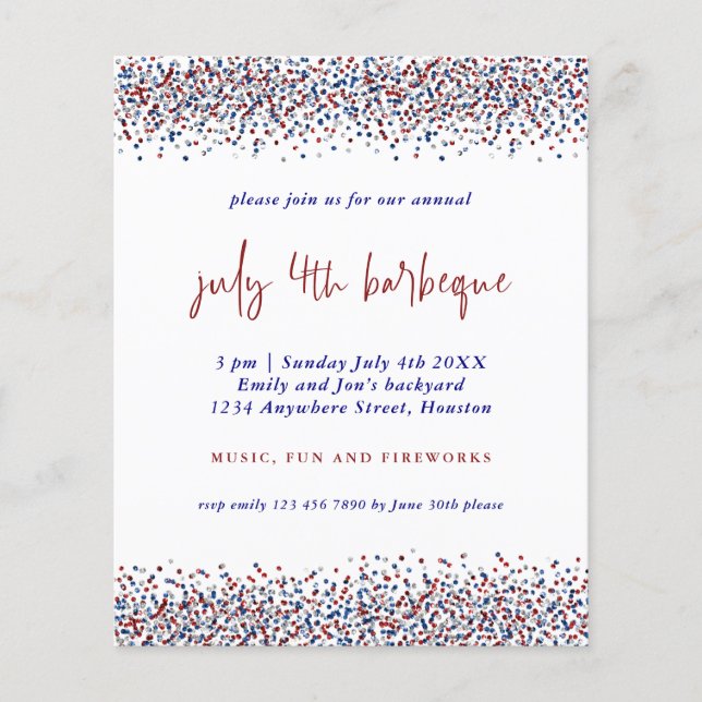 Flyer PAPER | Glitter Red Blue White 4th July BBQ Invite (Frente)