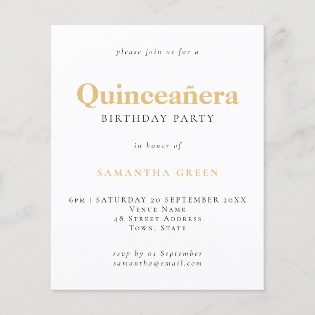 Flyer PAPER Gold Black Text Quinceañera Birthday Invite (Frente)