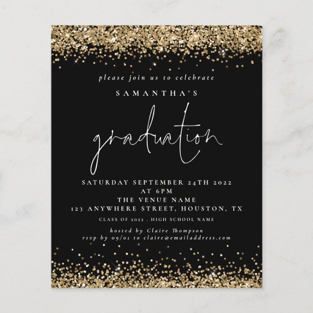 Flyer PAPER Gold Glitter 2022 Graduation Black Invite (Frente)