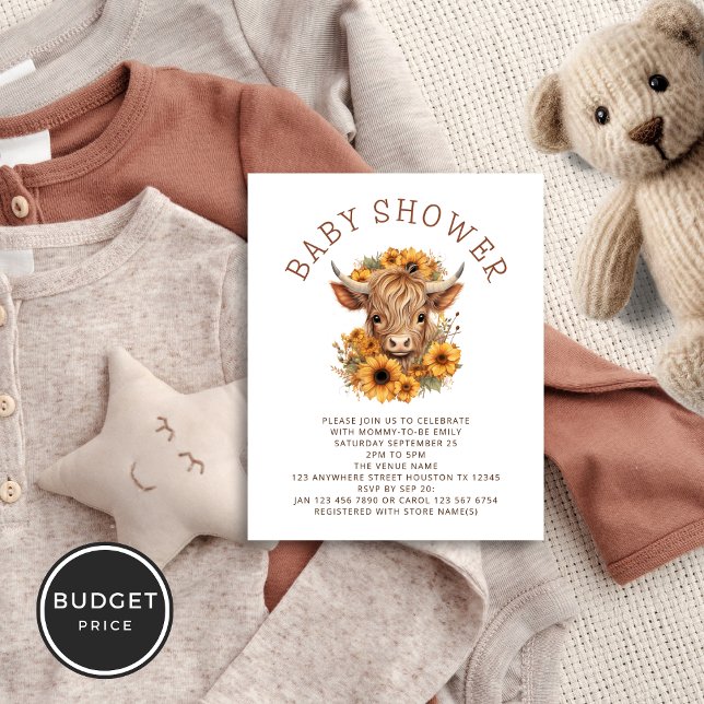Flyer PAPER Highland Cow Sunflowers Baby Shower (Value paper not card alternative)
