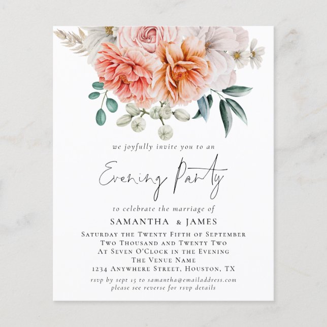 Flyer PAPER Peonies Coral QR Boda Fiesta nocturno (Frente)