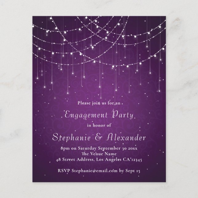 Flyer PAPER Purple Swirl String Lights Engagement Party (Frente)