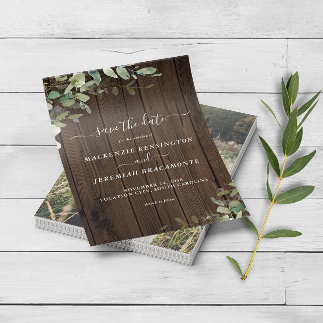 Flyer PAPER Rustic Wood Eucalyptus Photo Save the Date (Subido por el creador)
