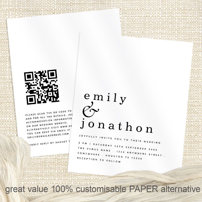 Flyer PAPER Texto simple Código QR Invitación a matrimon (Front and back view of the great value paper invite)