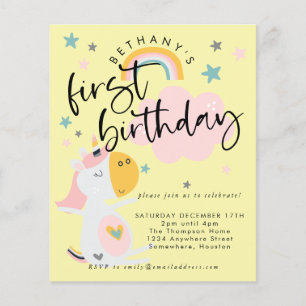Flyer PAPER Unicornio Chica Invitación de color amarillo