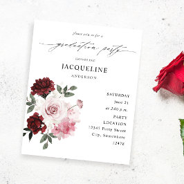 Flyer Partido Borgoña de Graduación Floral Rosa y Roja