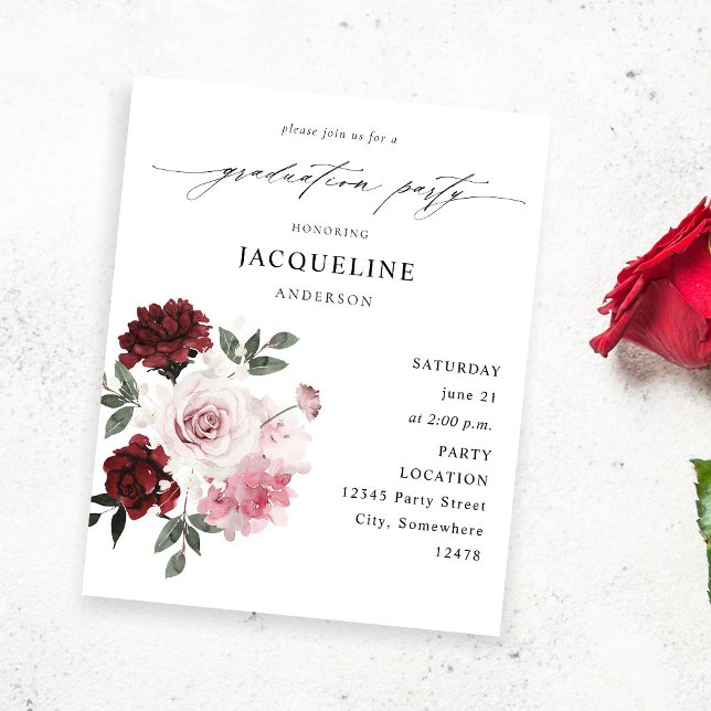 Flyer Partido Borgoña de Graduación Floral Rosa y Roja (Subido por el creador)