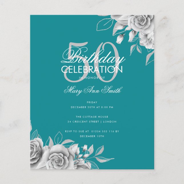 Flyer Partido de cumpleaños floral presupuestal Plata y  (Frente)