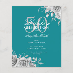 Flyer Partido de cumpleaños floral presupuestal Plata y 