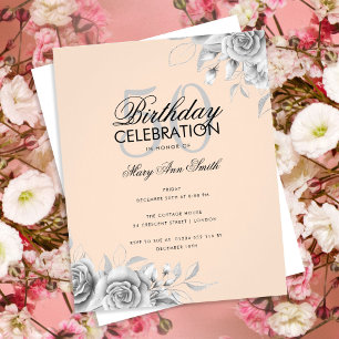 Flyer Partido de Cumpleaños Plateado de Glam con Floral