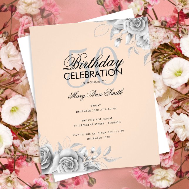 Flyer Partido de Cumpleaños Plateado de Glam con Floral  (Subido por el creador)