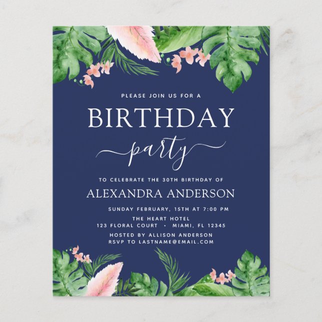 Flyer Partido de Cumpleaños Tropical Palm Floral (Frente)