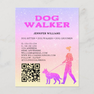 Flyer Paseador de Perros Código QR Brillo Rosa Dorado Se