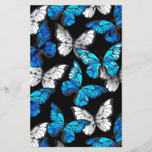 Flyer Patrón continuo oscuro con mariposas azules Morpho
