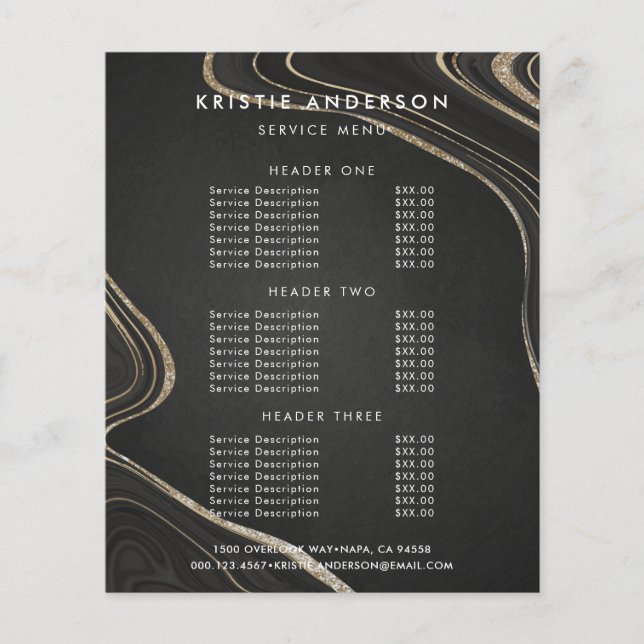 Flyer Patrón de fluido dorado negro polvoriento Precios  (Frente)